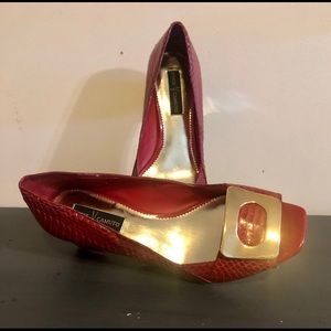 Vince Camuto Red & Gold Snakeskin Block Heel Pumps